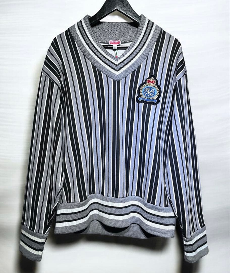 KENZO Vネックニット ゴルフ風 レトロ ストライプ エンブレム M 未使用