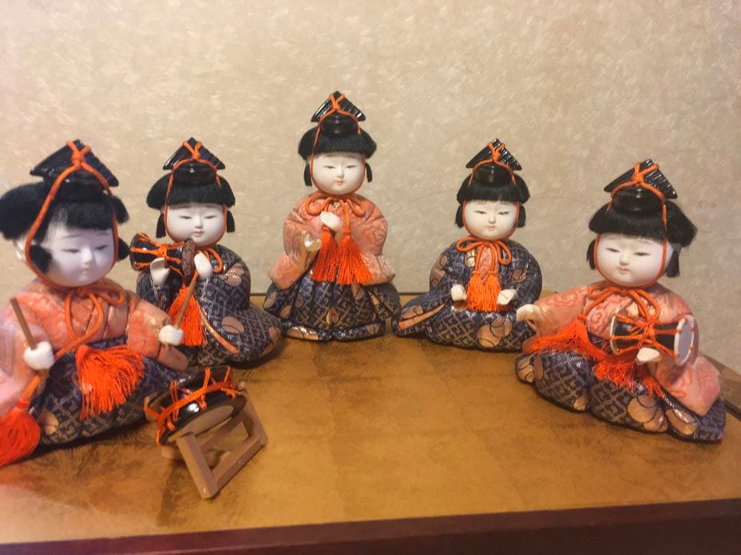 木目込雛人形　人間国宝　原米州作　5人囃子　 オレンジと青の模様