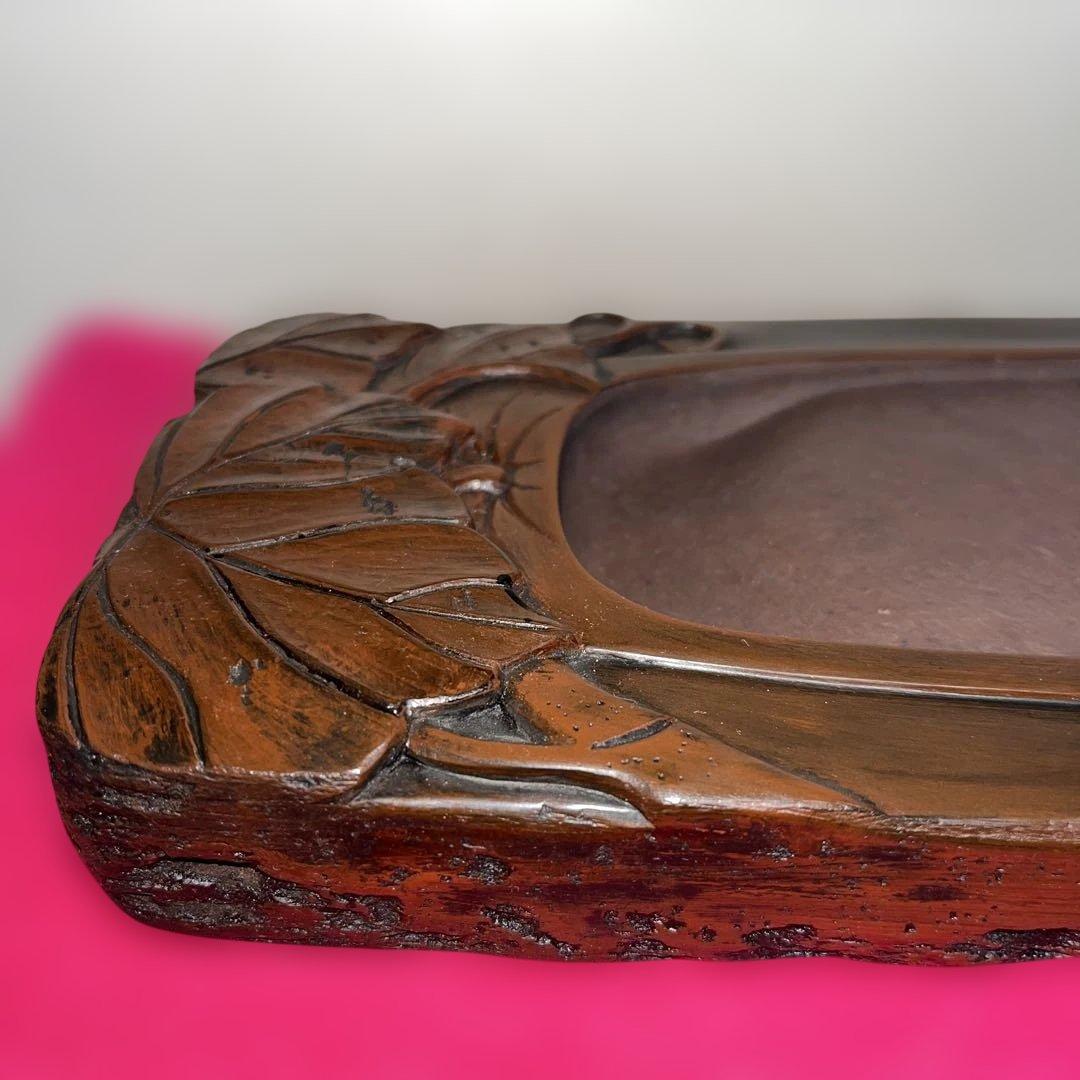 ⭕️赤間硯　龍泉堂　正隆　阿野硯製作所　蔦葉と蔓彫刻硯　珍しく縁内側高　希少硯