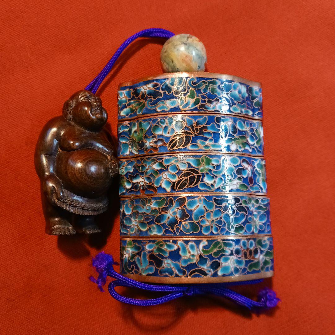 印籠　銅線有線七宝　根付け　緒締め玉付き　古物