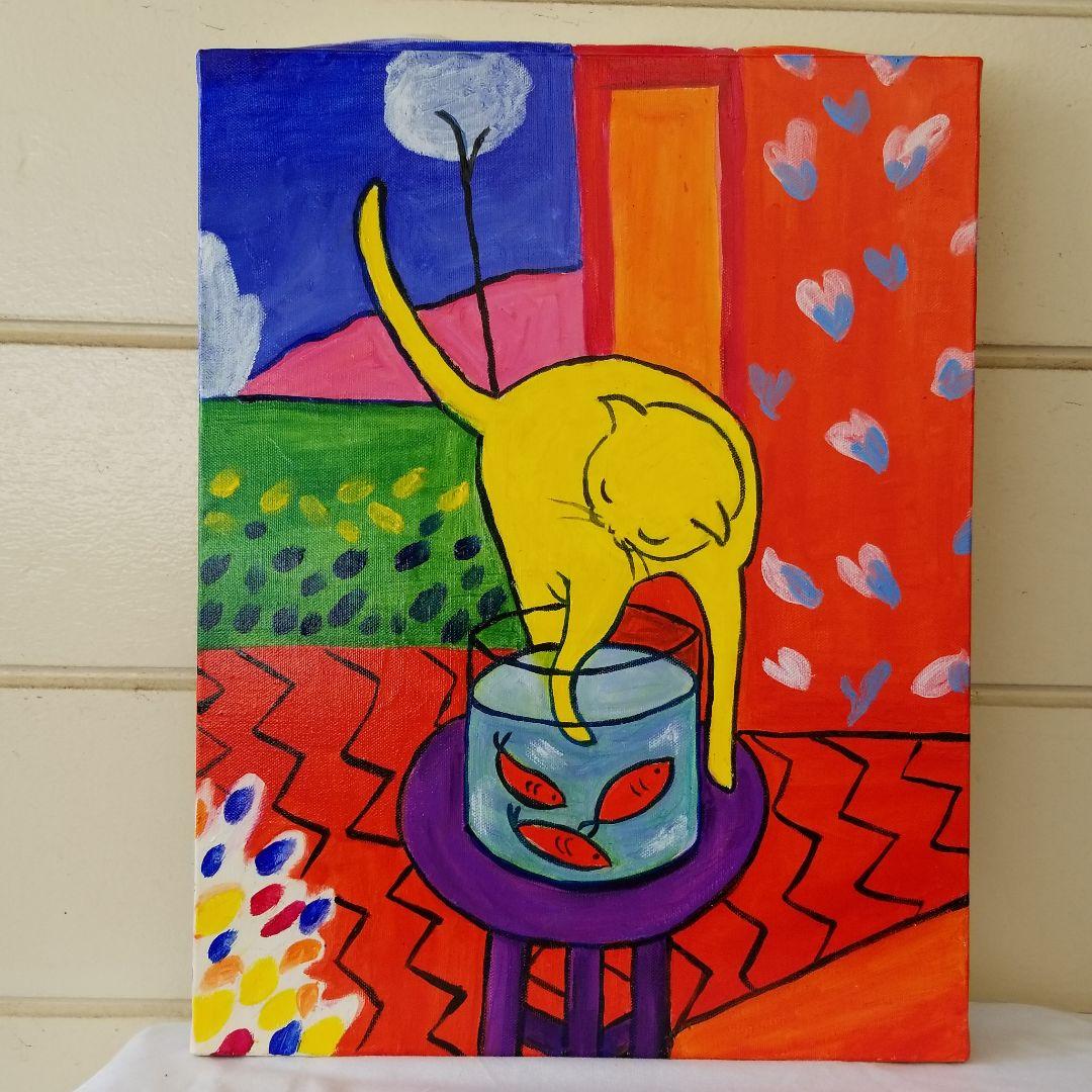 油絵　専用　マティスっぽい金魚と猫のいる部屋
