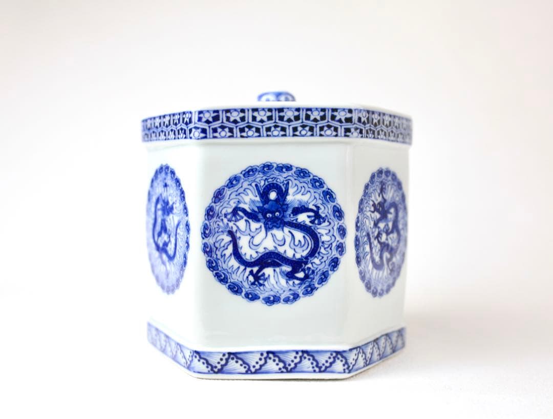 大正期 平安三国丹祐 染付『倣明窯青華龍文』六角水指団龍の絵代わり