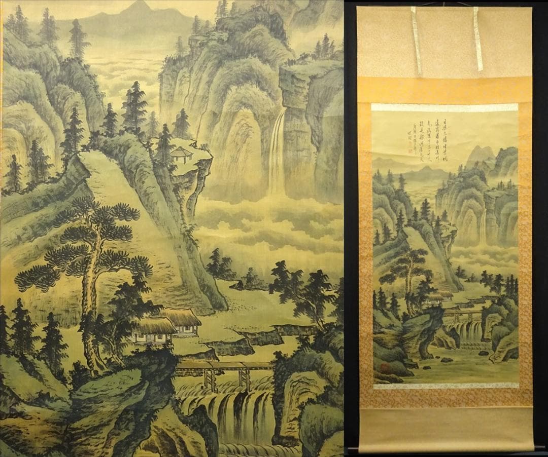 大幅掛軸 陳世向『李白 望盧山瀑布』中国画 絹本 箱付 掛け軸 a03253