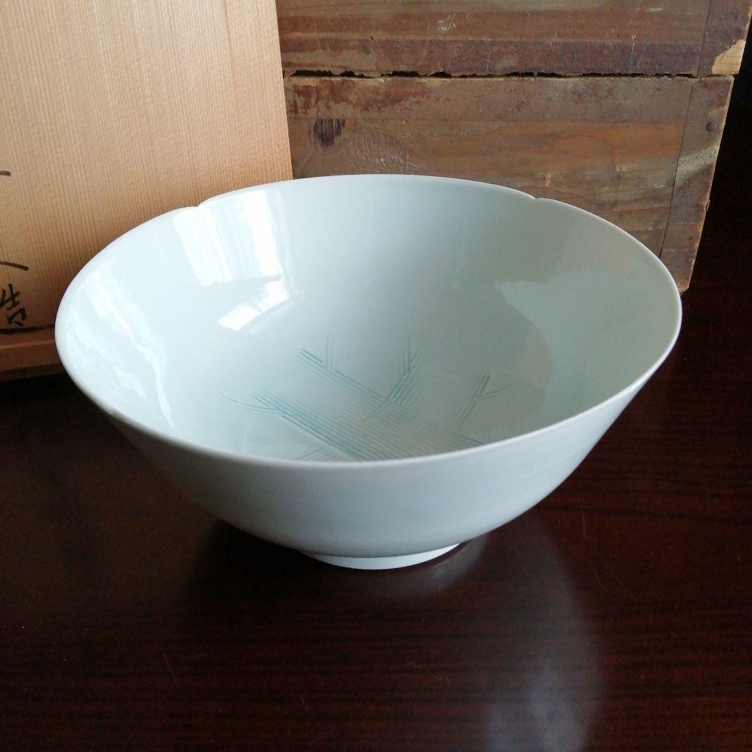 京焼　石橋裕史 　青白磁青磁釉象嵌櫛目文菓子鉢　22.2