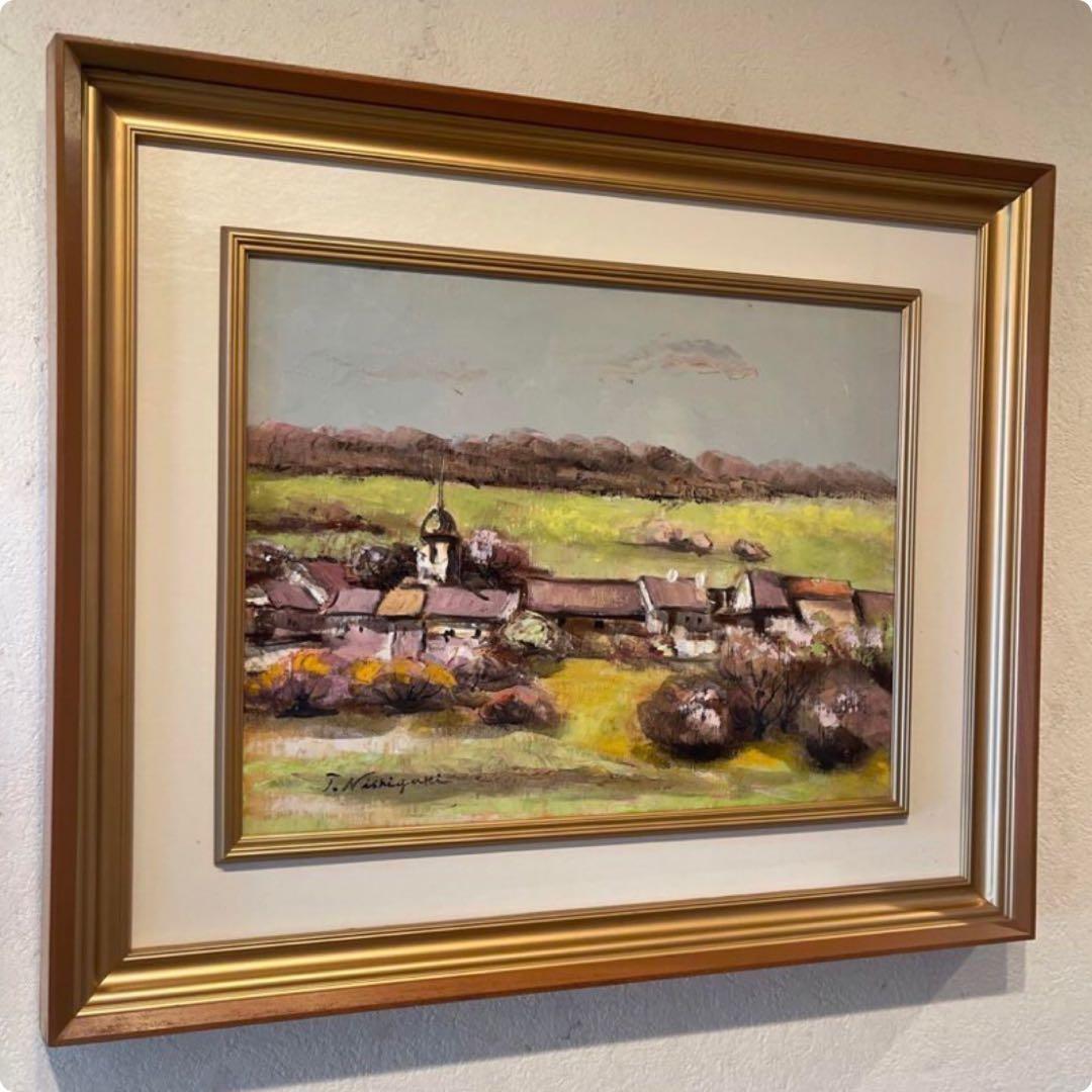 絵画　額装　真作　西垣輝夫　 「フランスの田園風景」F6