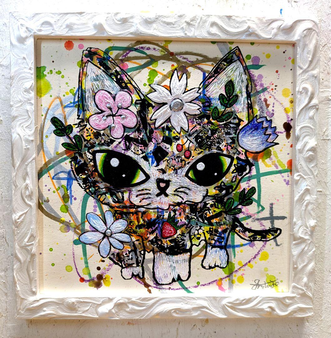 手作り額付き作品　title「風光るニャンコ」