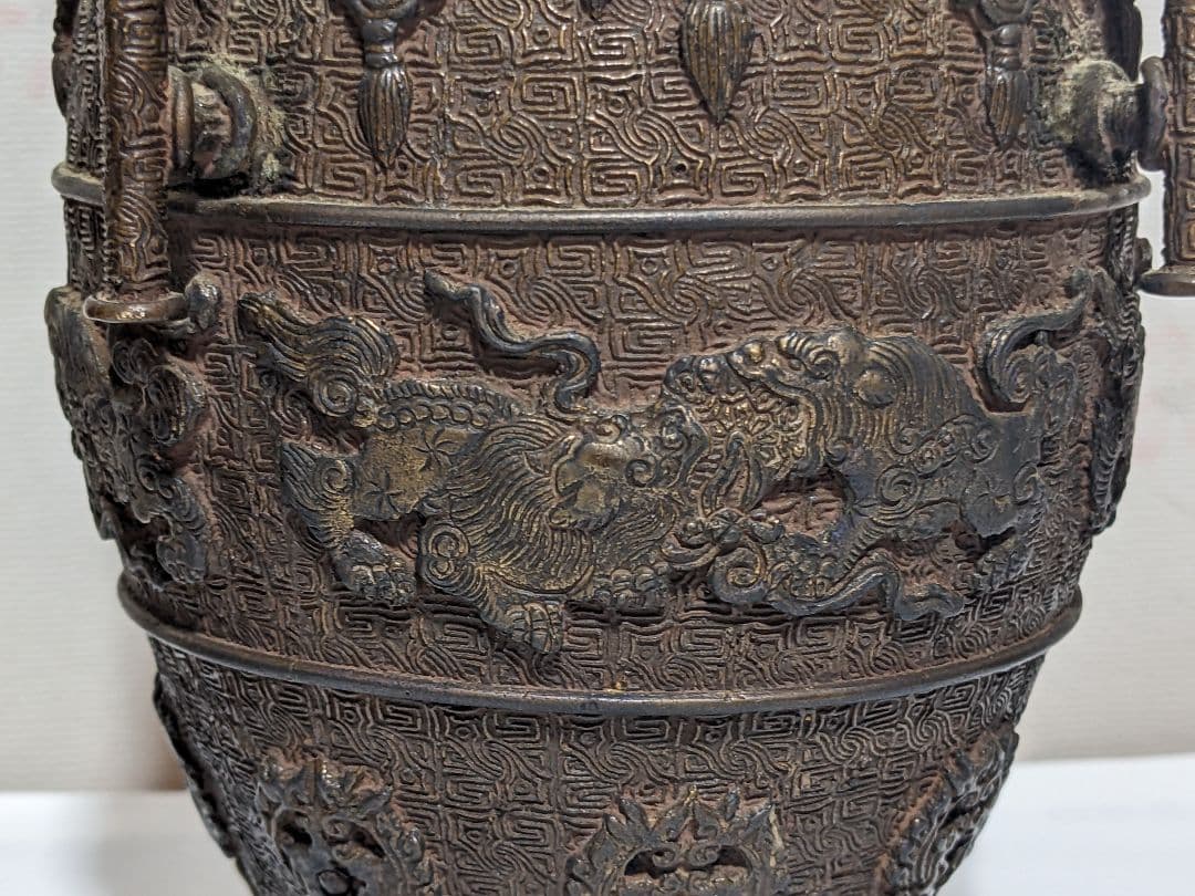 ⭐華道花活け 神獣 双耳亀甲瓔珞文様銅製 大日本文政年整珉鋳 細密鋳金骨董品