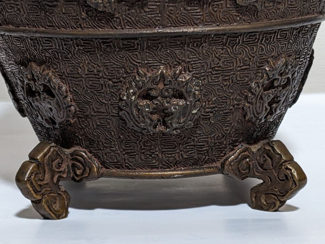 ⭐華道花活け 神獣 双耳亀甲瓔珞文様銅製 大日本文政年整珉鋳 細密鋳金骨董品