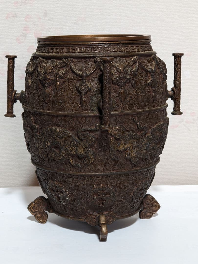 ⭐華道花活け 神獣 双耳亀甲瓔珞文様銅製 大日本文政年整珉鋳 細密鋳金骨董品