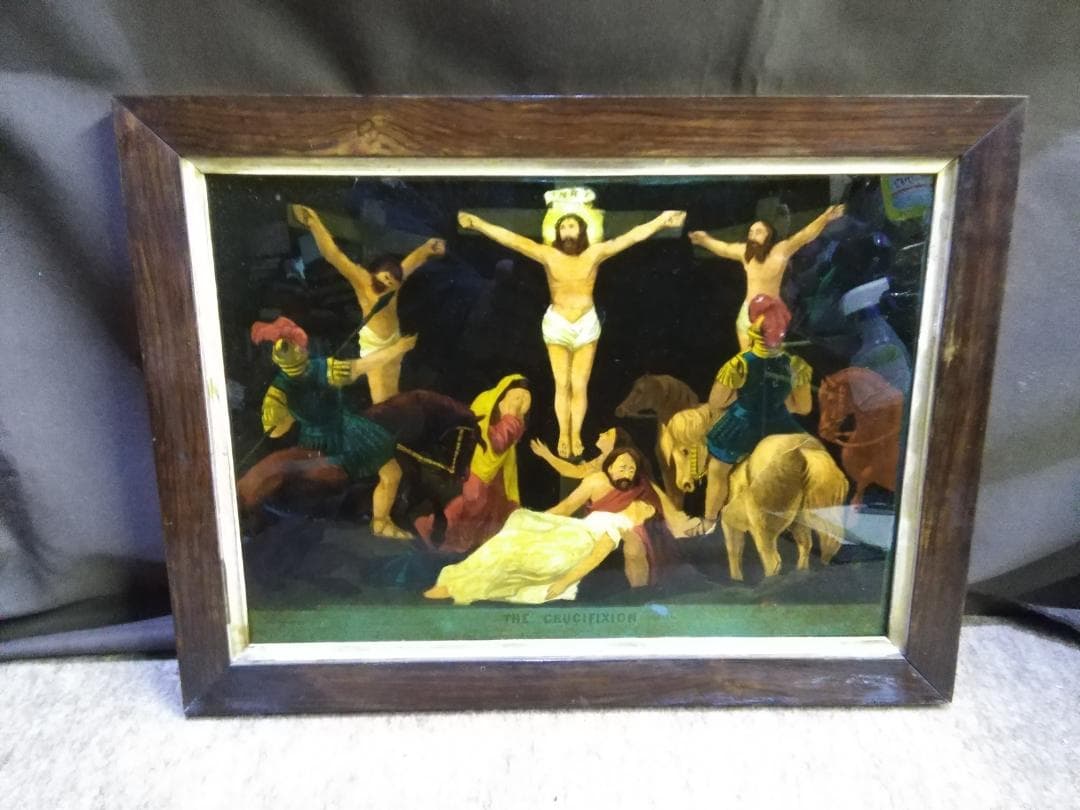 キリスト　ジェームズ・ベイトマン 作品　直筆肉筆　十字架刑　古いガラス絵　額装品