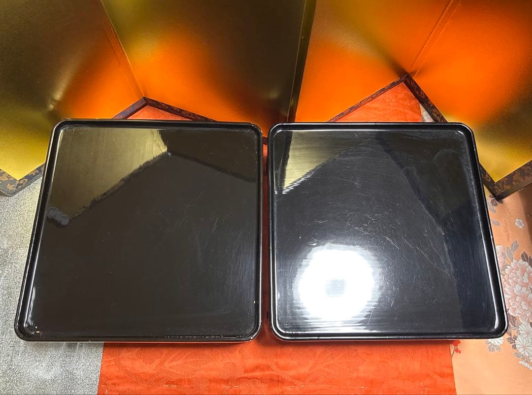 黒漆器　脚付膳　十二膳　お櫃　盆四枚　布着　木箱　明治時代　法事