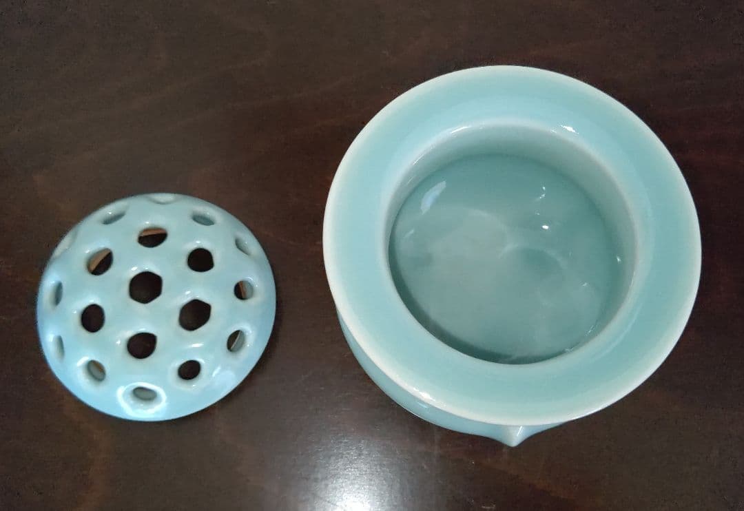 平安洛山作 香炉 三足炉 青瓷香爐 木箱入