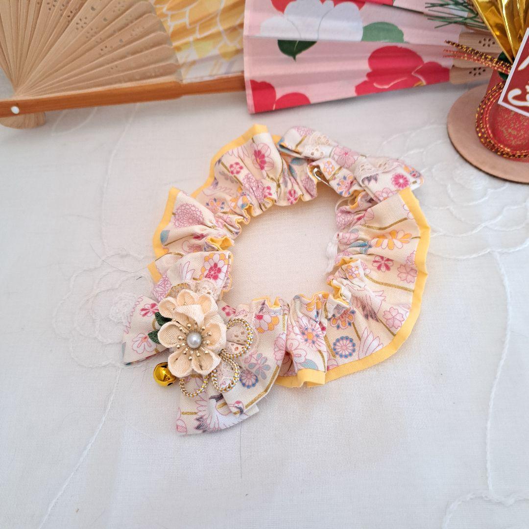 短毛シュシュ、和風妻み細工(クリーム)わんちゃん猫ちゃん用