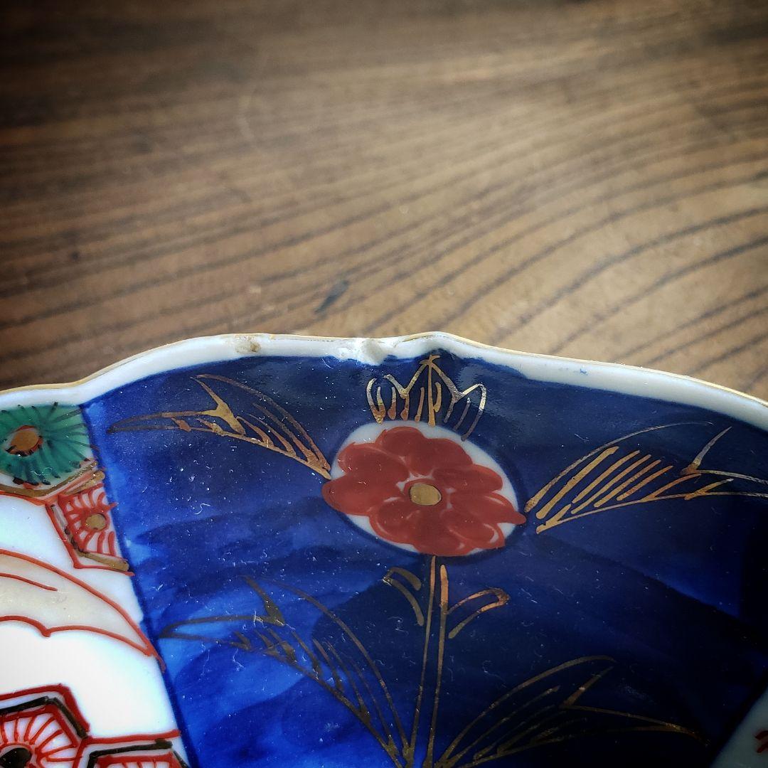 なます皿　蝙蝠　コウモリ　唐花　色絵付　染付　古伊万里　明治　大正　訳あり　欠け