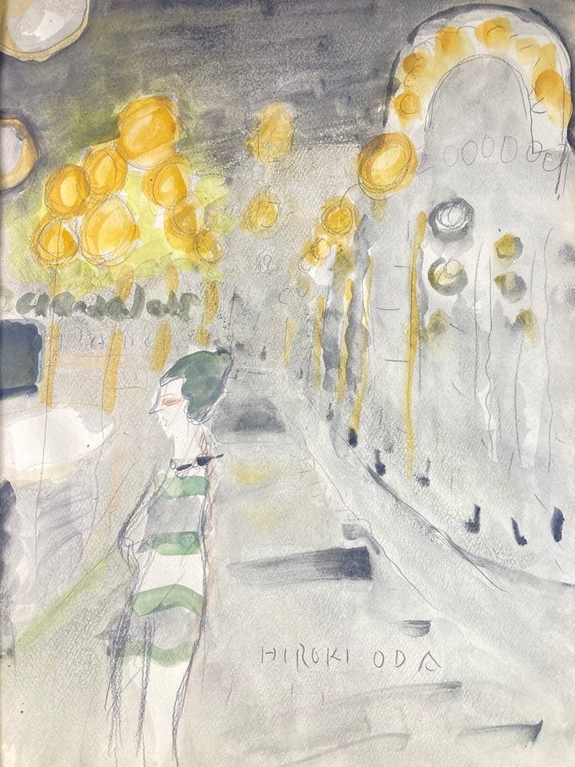 【真作保証】織田広喜「シャンゼリゼの風景」水彩画 直筆サイン 絵画