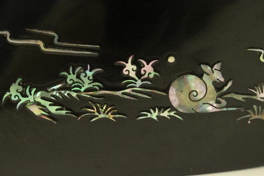 朝鮮 韓国 螺鈿 漆 花基 在銘 共箱 高麗美術(A894)