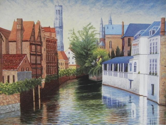 萩原立雄、【郷愁のブルージュ】、希少な額装用画集より、新品額装付