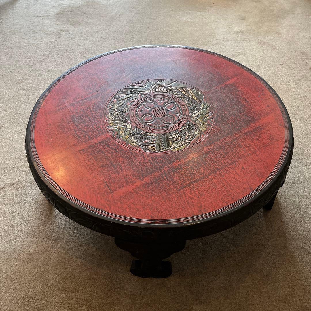 中国骨董 唐家具 飾彫り 円卓 座卓 ちゃぶ台 センターテーブル 古家具レトロ