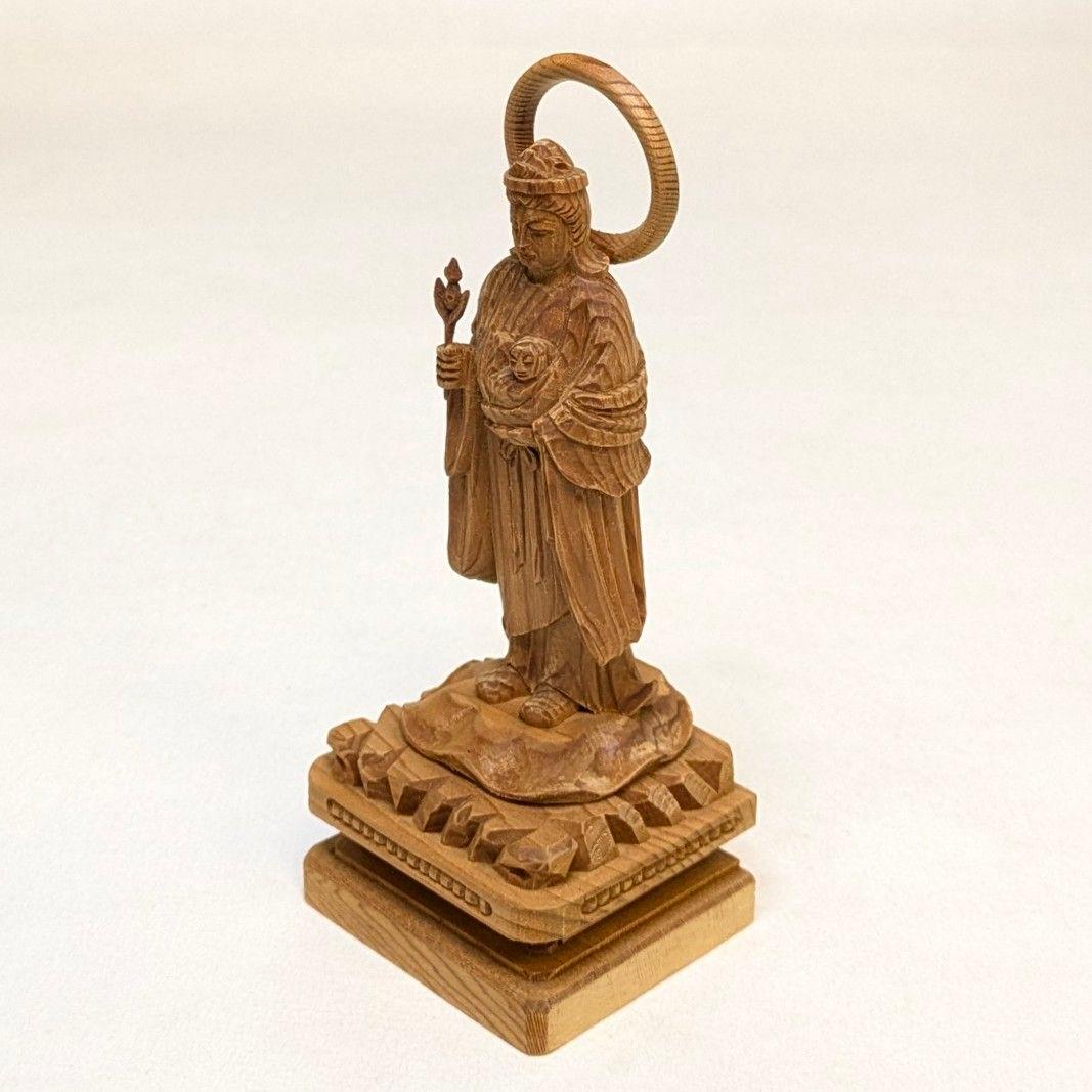 【ゲリラセール・新品】 子安鬼子母神　木地彫り　下台付　高さ約13cm　鬼子母神