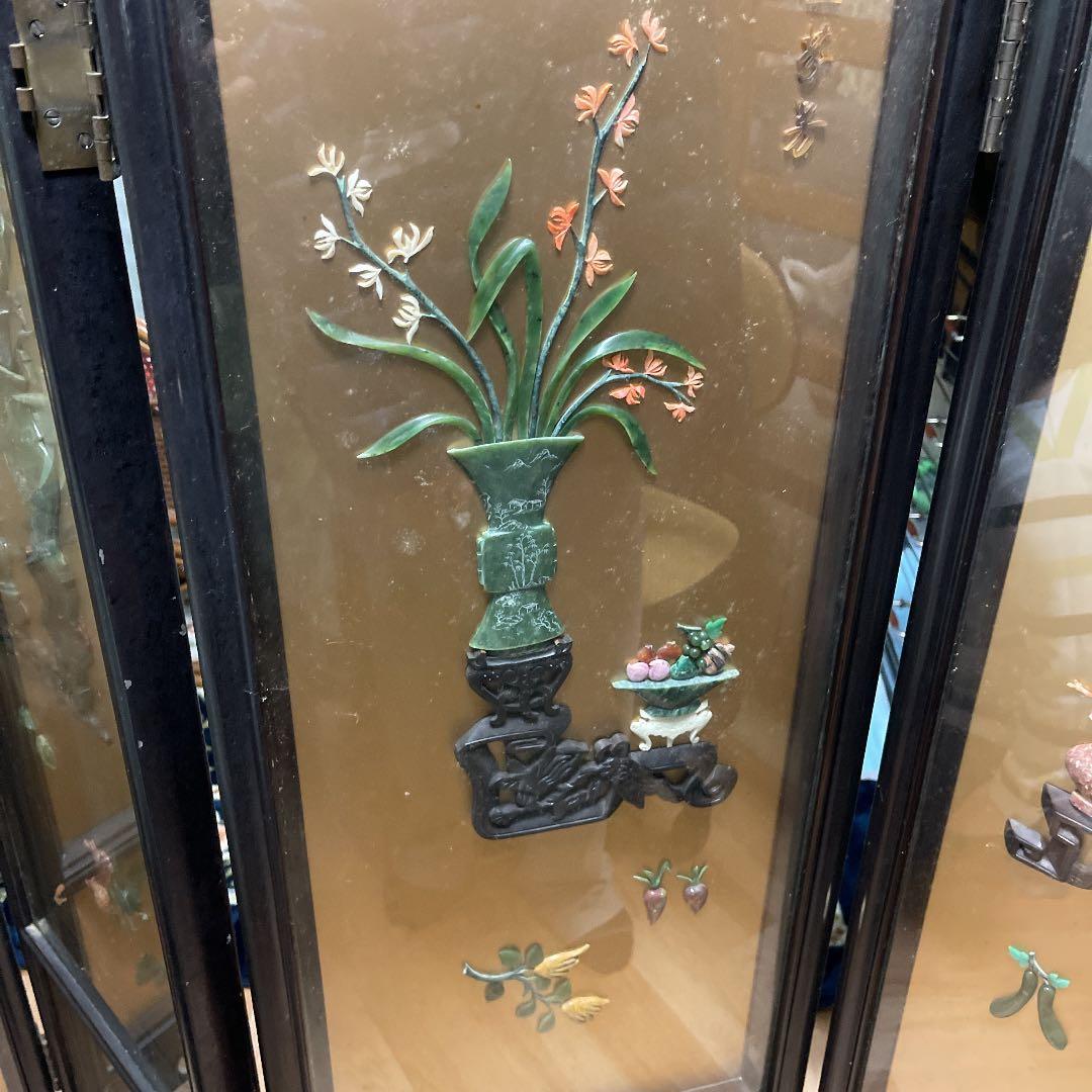 中国屏風　翡翠　珊瑚の石