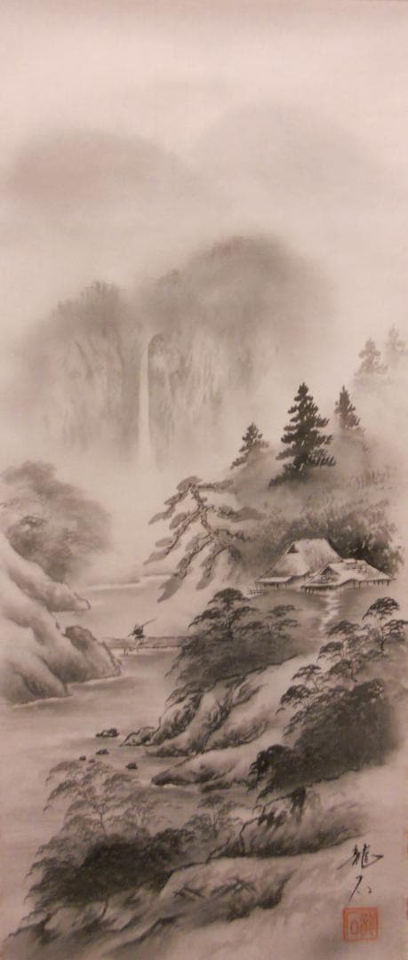 掛け軸 宮島龍石 水墨山水 絹本 希少 軸装 茶道具 掛軸 美品 です。