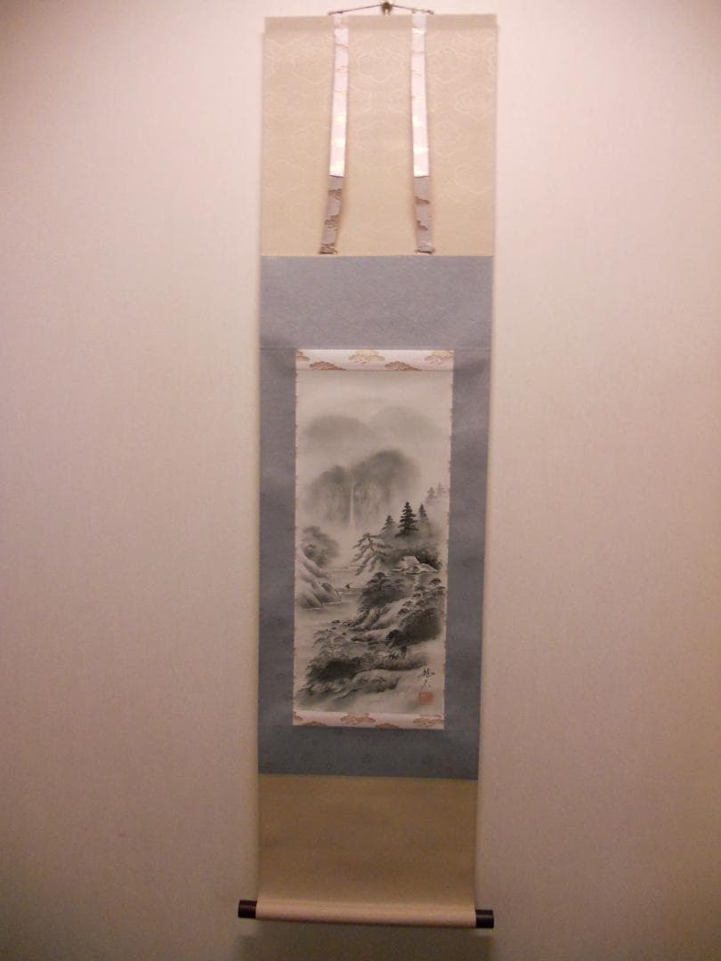掛け軸 宮島龍石 水墨山水 絹本 希少 軸装 茶道具 掛軸 美品 です。