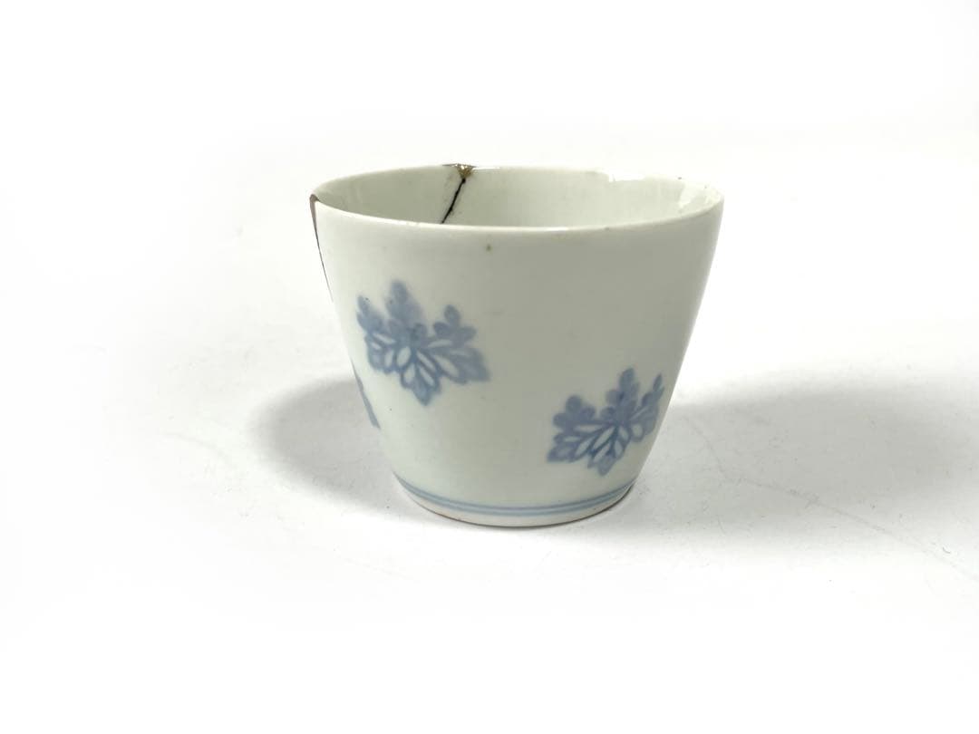 アンティーク　骨董　古伊万里　染付　こんにゃく印判　桐文様　桐　蕎麦猪口　銀継