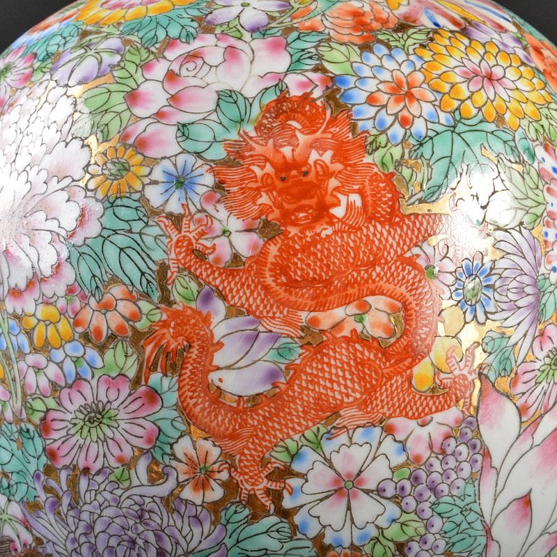 中国　中国景徳鎮製款　薄胎　粉彩百花龍文瓶　梅瓶　F　R6147B