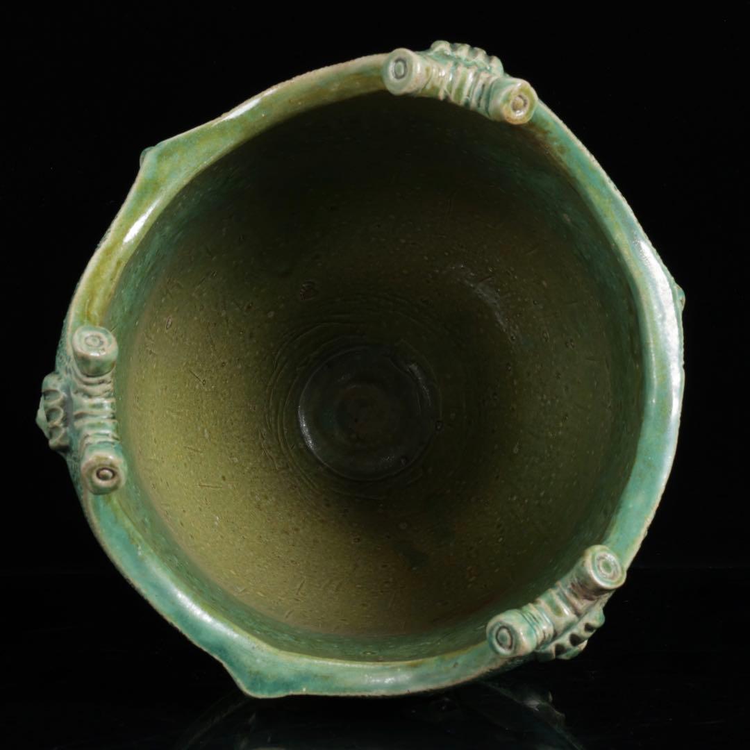 【富久窯 井上富三】縄文写花瓶 共箱 高さ37㎝ 緑釉 花器 花入 古美術 骨董