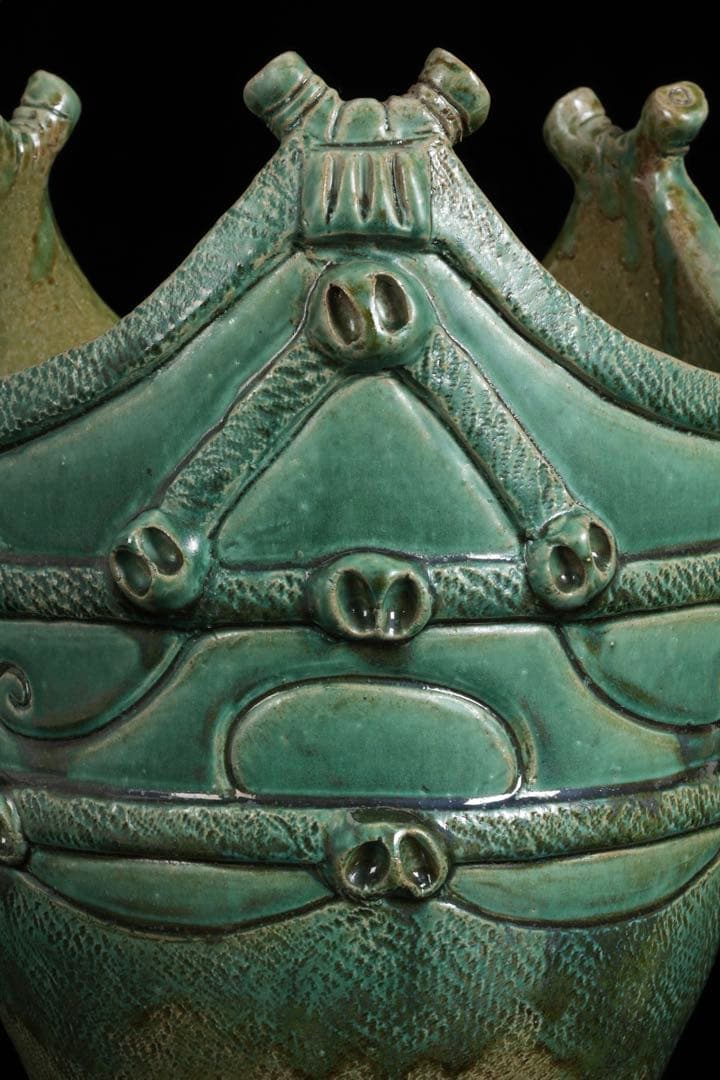 【富久窯 井上富三】縄文写花瓶 共箱 高さ37㎝ 緑釉 花器 花入 古美術 骨董