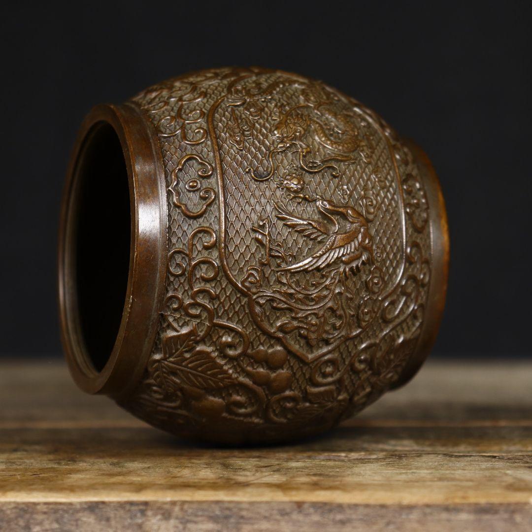 銅 細工 龍鳳茶壺 茶道具 香道具 装飾品 工芸品 置物