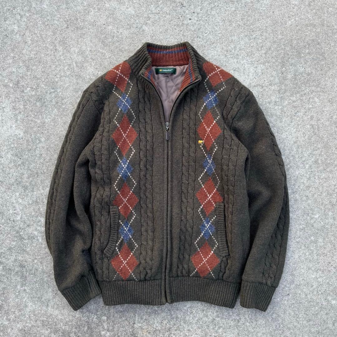 vintage ニット ジップブルゾン カーキ アーガイル アメカジ カジュアル