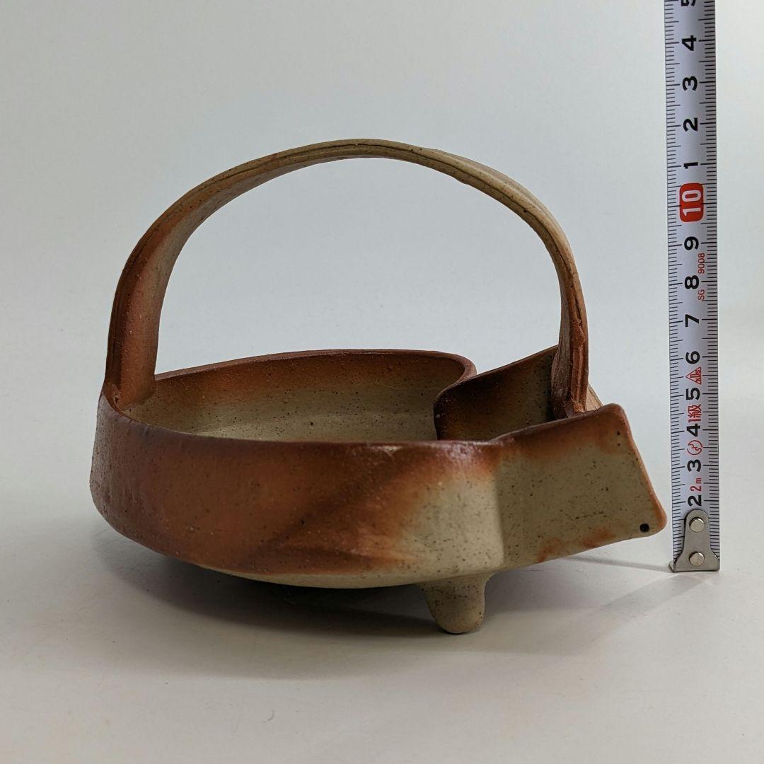 岡山県重要無形文化財 金重有邦 備前焼 「伊部ヒダスキ手付鉢」 共箱合布栞 緋襷