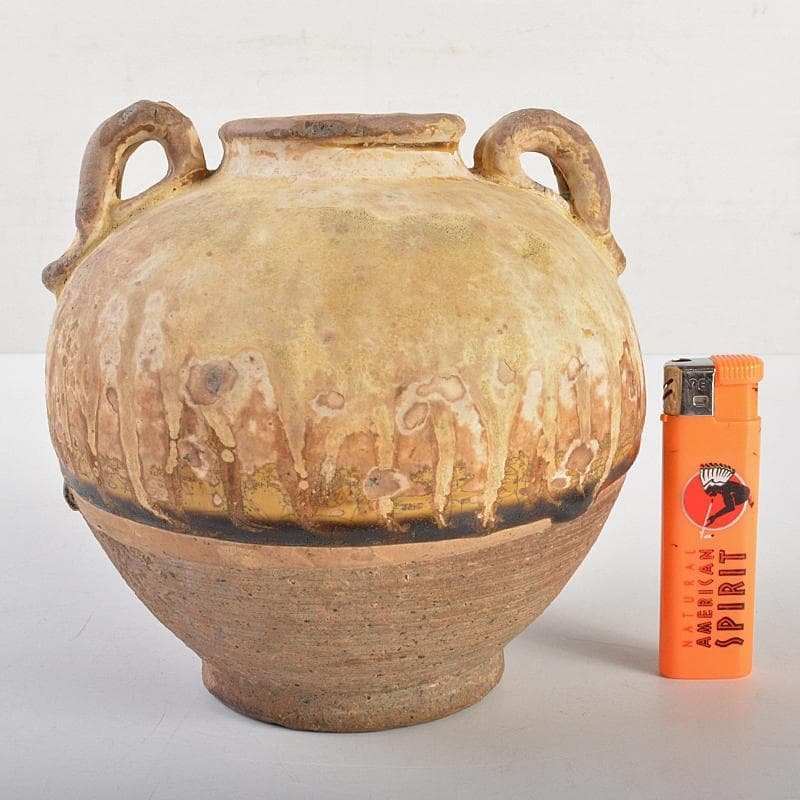 中国　飴釉　釉垂　双耳壷　中国河北省出土品　時代箱付　D　R7474
