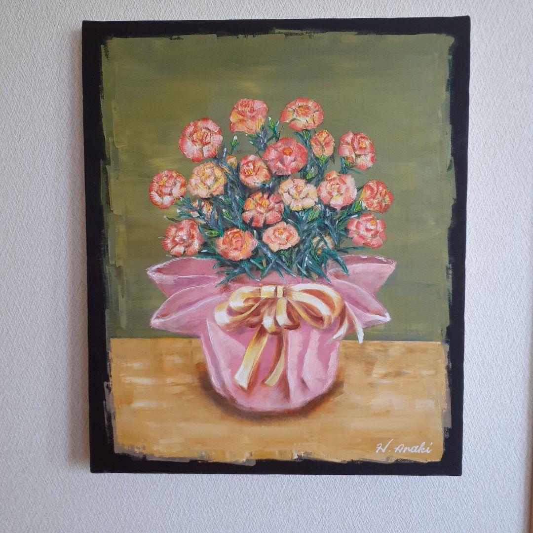 油絵　額入り　F8「母の日のカーネーション」