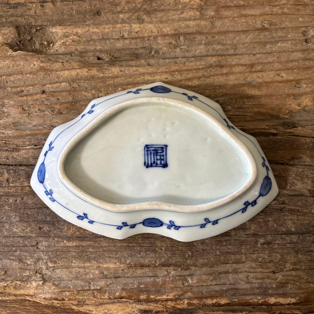 アンティーク変形小皿5点　明治　大正　印判染付古道具　検:白洲正子　李朝