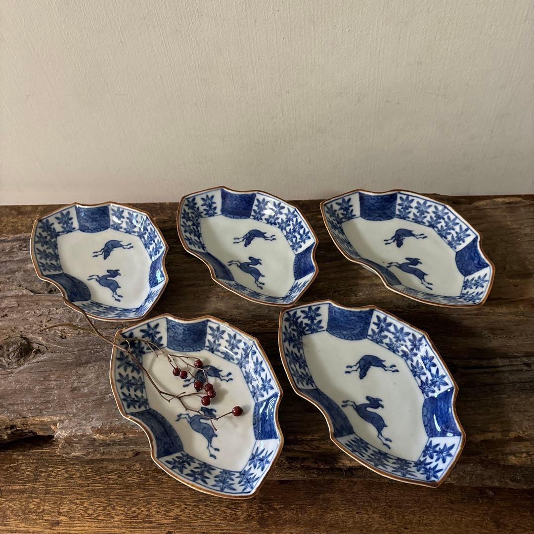 アンティーク変形小皿5点　明治　大正　印判染付古道具　検:白洲正子　李朝