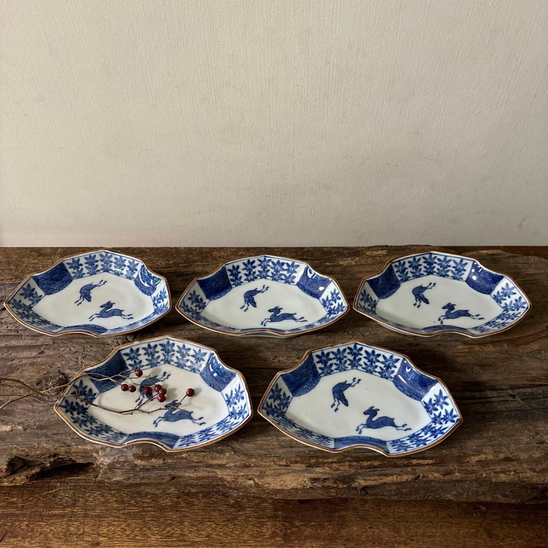 アンティーク変形小皿5点　明治　大正　印判染付古道具　検:白洲正子　李朝