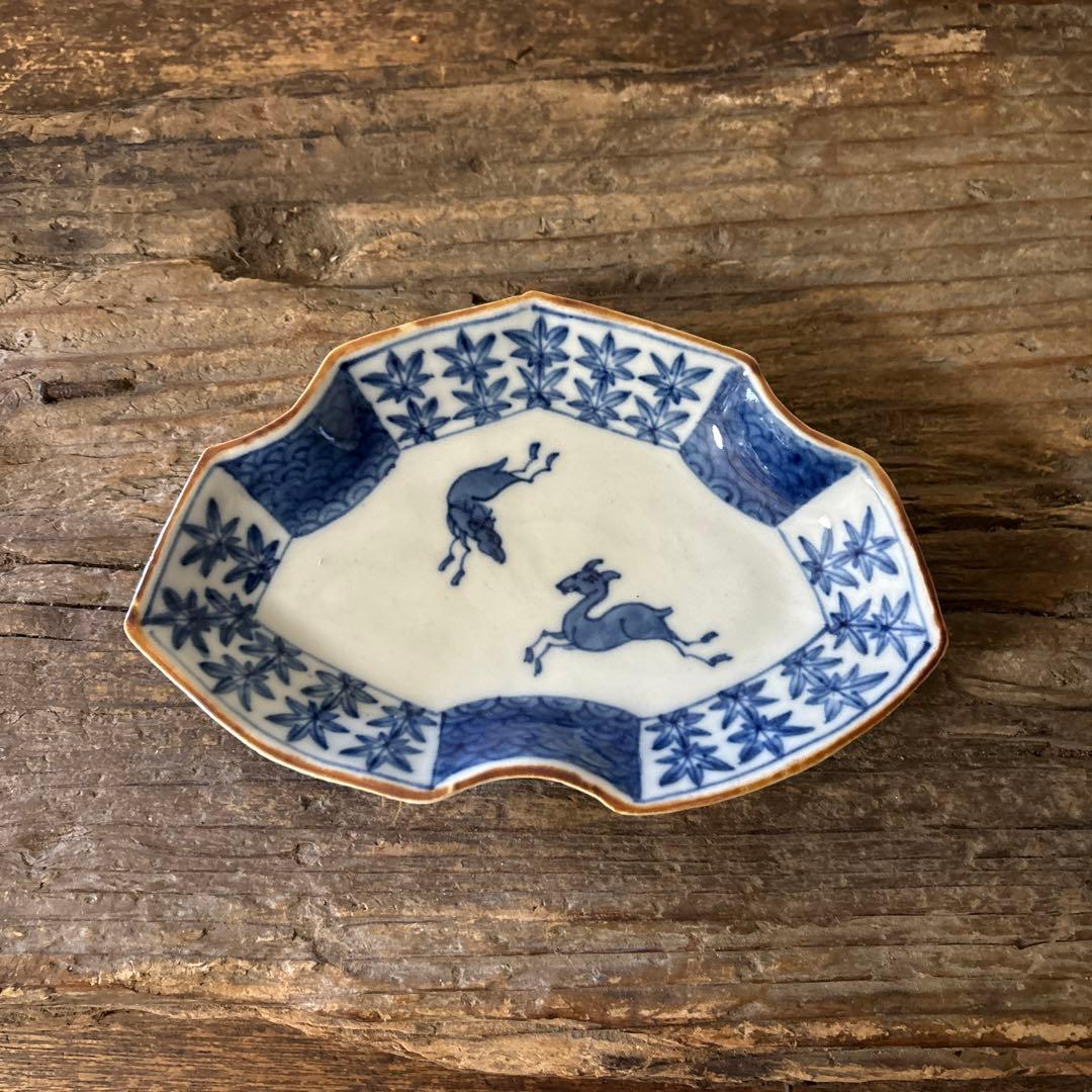 アンティーク変形小皿5点　明治　大正　印判染付古道具　検:白洲正子　李朝