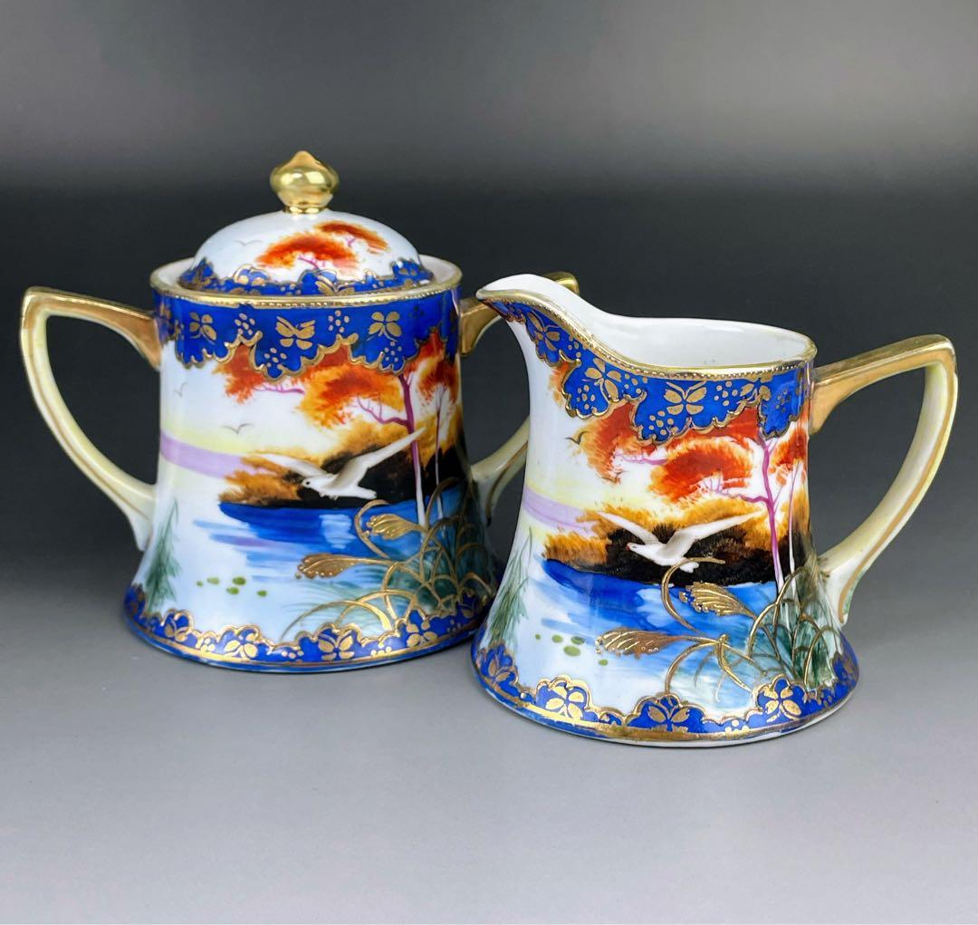 オールドニッポン カモメ 風景図 シュガーボウル クリーマー アールヌーボー