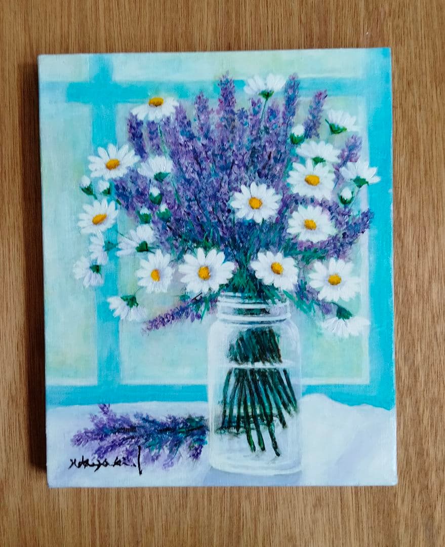 新作・油絵　窓辺のラベンダー　F3