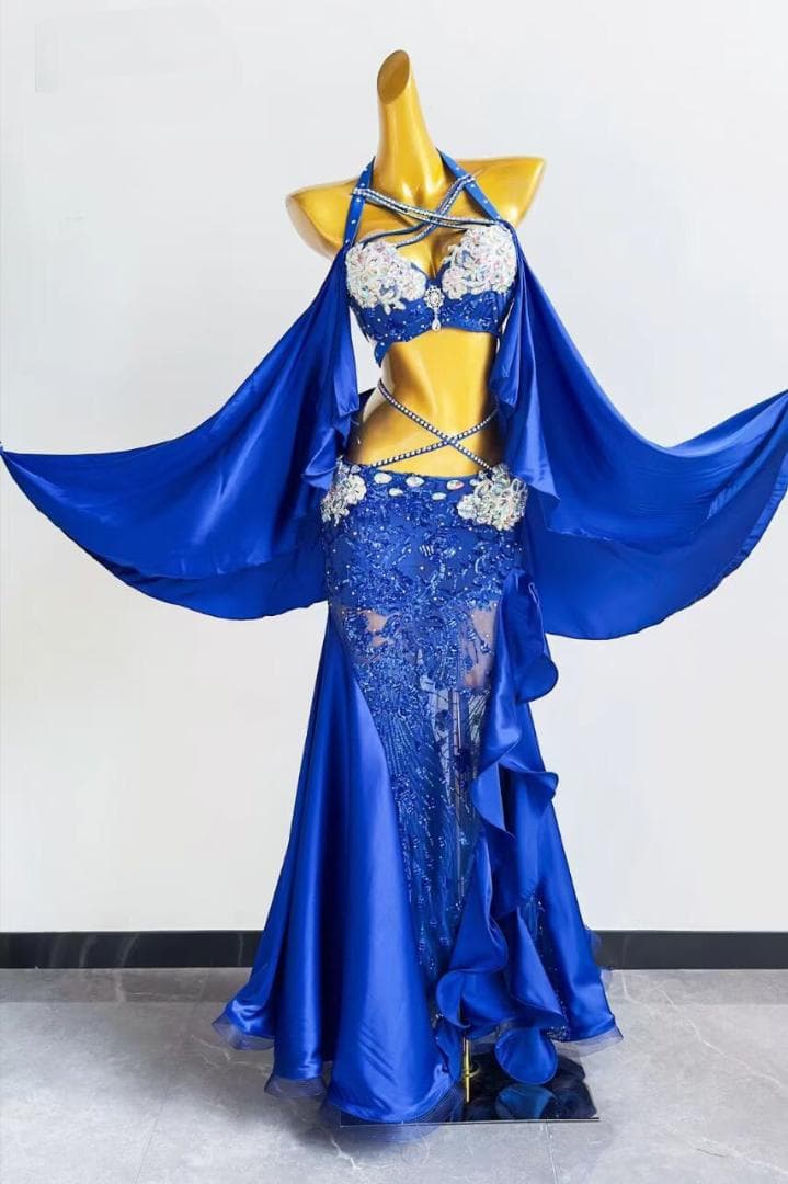 新品未使用 高級ベリーダンス衣装 宝石ブルー魚尾ロングドレス ブラスカートベルト