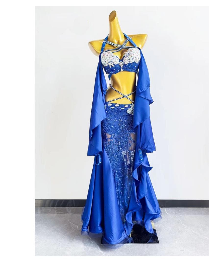 新品未使用 高級ベリーダンス衣装 宝石ブルー魚尾ロングドレス ブラスカートベルト