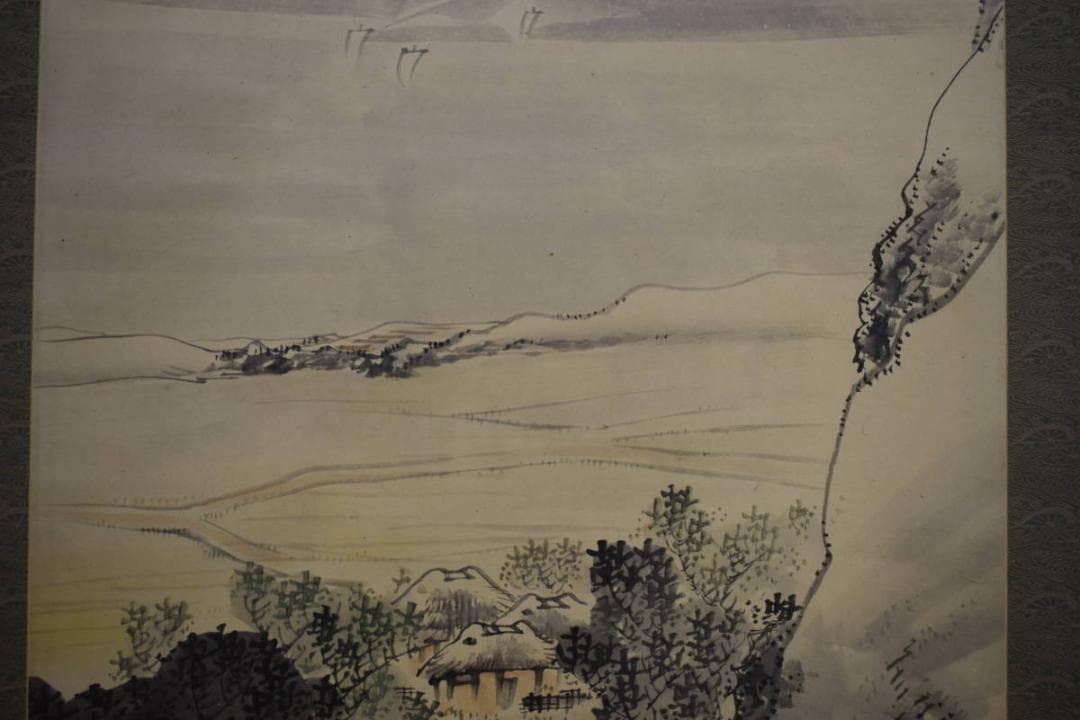 真作/藤井松林/内海風景遠望図/山水帆船図/桐極箱付/布袋屋掛軸HI-393