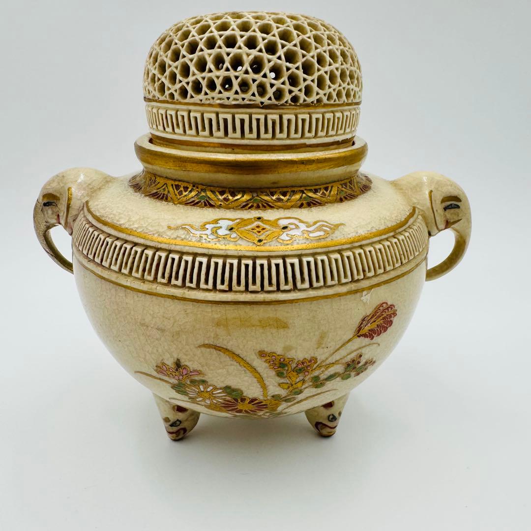 【白薩摩　光石窯　象耳香炉　色絵付け】骨董　アンティーク　インテリア