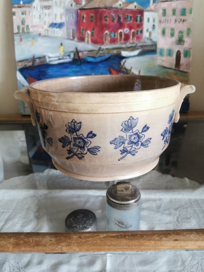 アンティークフランス ハンドル付きディープボウル インディゴ花柄深皿 美しい貫入