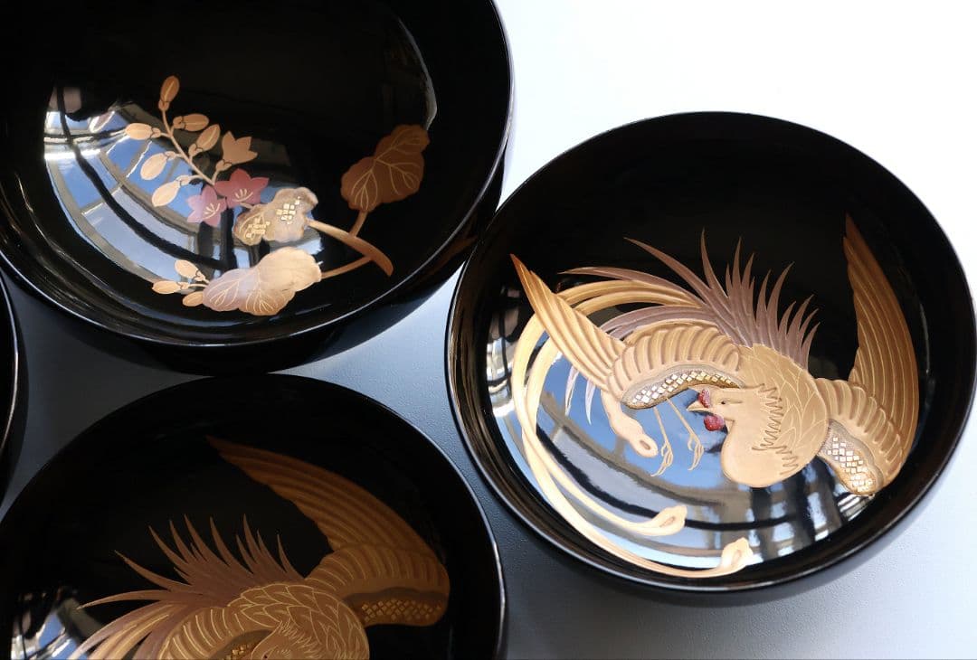 【CM402】天然木漆塗 菊桐鳳凰金蒔絵 黒塗 吸物椀 五客 昭和期 木製漆器