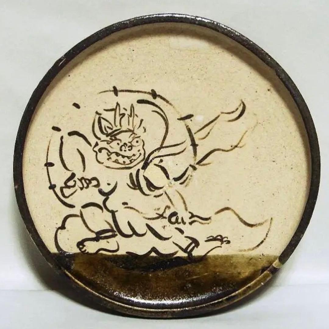 879『織部 雷神 皿』風神雷神図　/骨董品 古美術 アンティーク 古玩