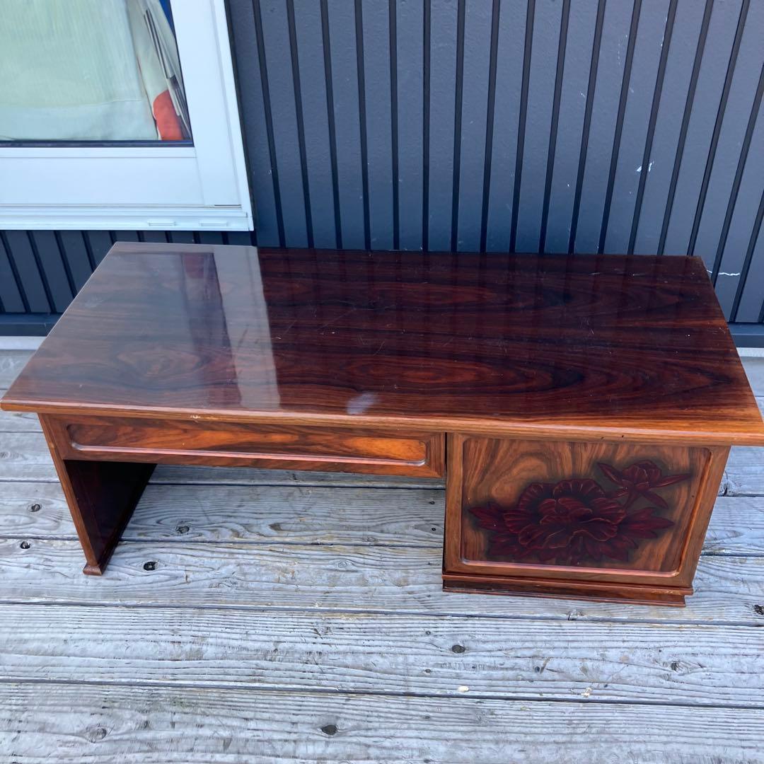 昭和レトロ 古家具 花柄彫刻 木彫り 木製文机 引き出し付き座卓 書斎机 古道具