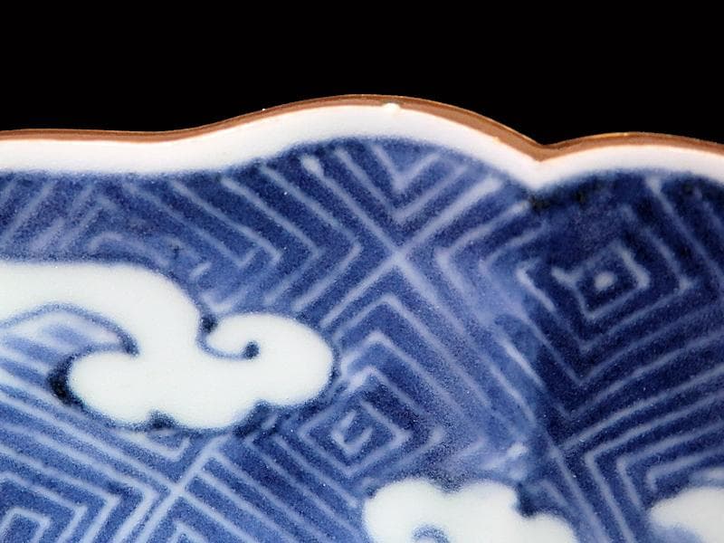 古伊万里　染付　雷紋に雲　花鳥紋の図　膾皿　２客　江戸期　E411AS-CEz